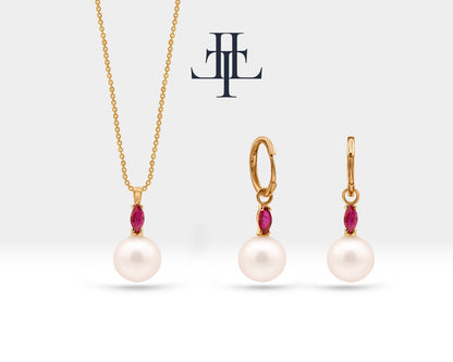 Bridal Jewelry Set Necklace and Earrings Set in 14K Solid Gold with Pearl and Marquise Cut Ruby Necklace Earring Set