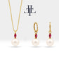 Bridal Jewelry Set Necklace and Earrings Set in 14K Solid Gold with Pearl and Marquise Cut Ruby Necklace Earring Set