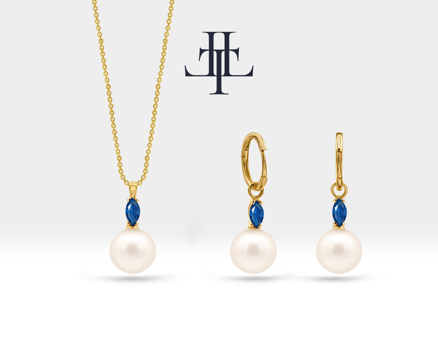 Necklace and Earrings Set in 14K Solid Gold with Pearl Necklace Earring Set for Bridal Jewelry Set with Marquise Cut Sapphire