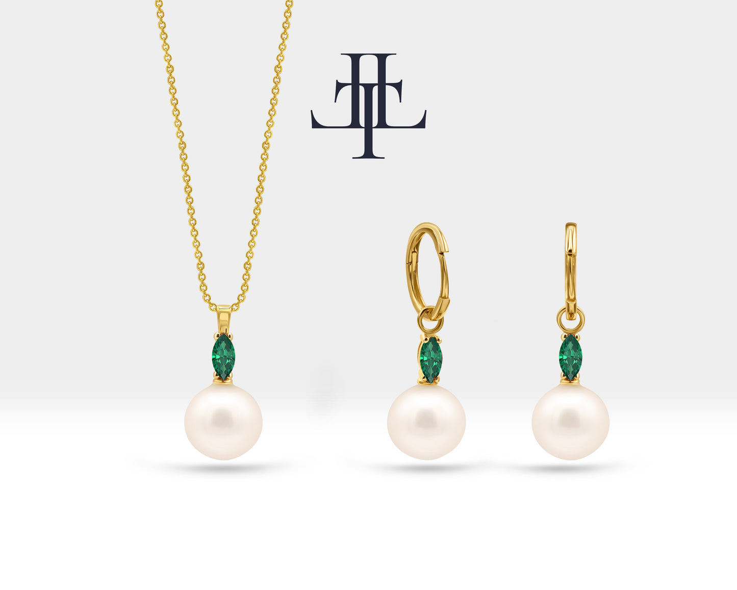 Pearl Necklace Earring Set for Bridal Necklace and Earrings Set in 14K Solid Gold Jewelry Set with Marquise Cut Emerald