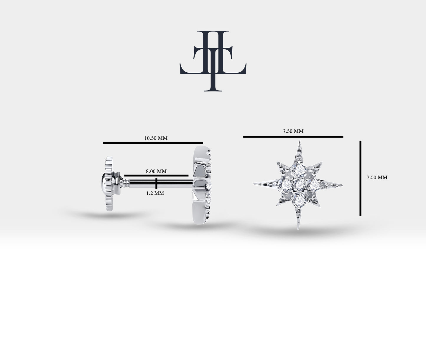 Cartilage Tragus Star Design Piercing Diamond 14K Solid Gold