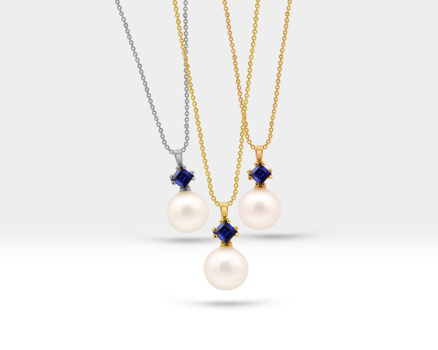 Pearl Set of Necklace and Earrings in 14K Yellow Solid Gold Pearl and Princess cut Sapphire Set for Wedding Jewelry Set