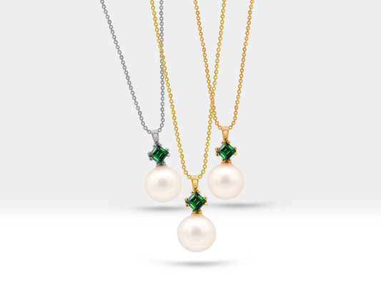 Pearl Necklace in 14K Yellow Solid Gold Pendant with Pearl and Princess cut Emerald Necklace for Wedding Jewelry | LN00004PE