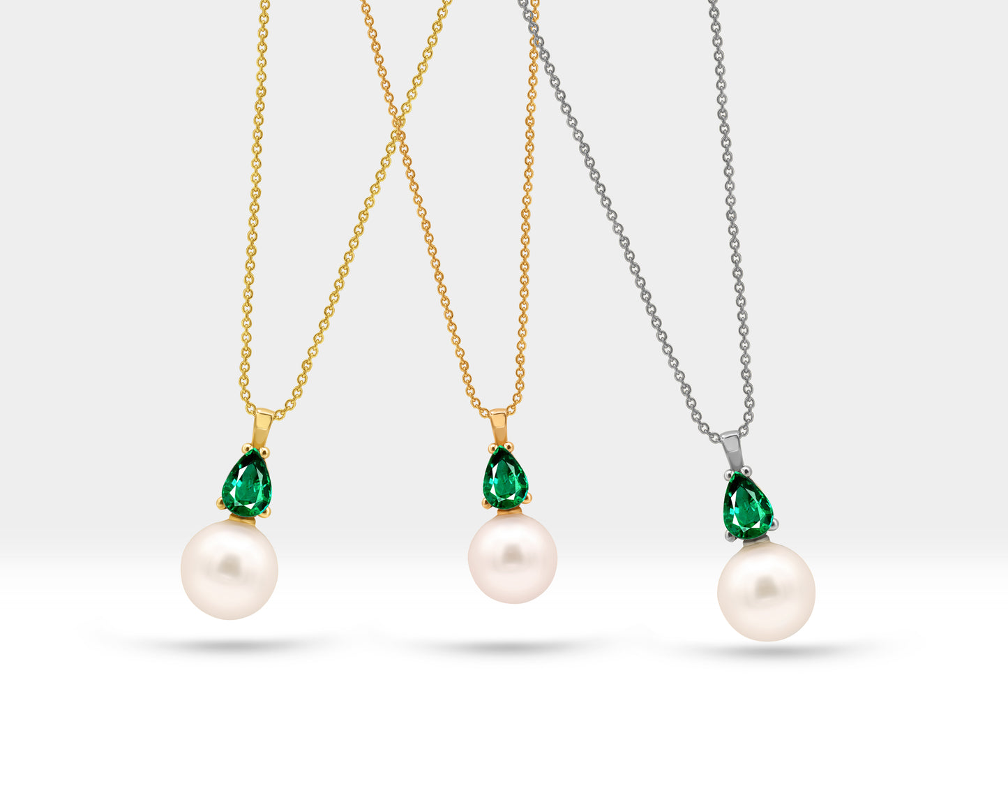 Pearl Necklace in 14K Solid Gold Pearl Necklace with Pear Cut Emerald for Bridal Jewelry |  LN00005PE