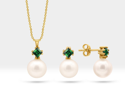 Pearl Set of Necklace and Stud Earrings in 14K Yellow Solid Gold Pearl and Princess cut Emerald Set for Wedding Jewelry Set for Brides