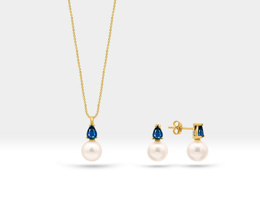 Pearl Necklace and Earrings Set in 14K Solid Gold Pearl Necklace Earring Set for Bridal Jewelry Set with Pear Cut Sapphire