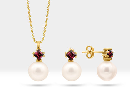 Pearl Set of Necklace and Stud Earrings in 14K Yellow Solid Gold Pearl and Princess cut Ruby Set for Wedding Jewelry Set for Brides