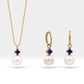 Pearl Set of Necklace and Earrings in 14K Yellow Solid Gold Pearl and Princess cut Sapphire Set for Wedding Jewelry Set