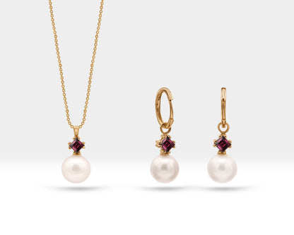 Pearl Necklace with Pendant Set of Necklace and Earring in 14K Solid Gold Pearl and Princess Ruby Set