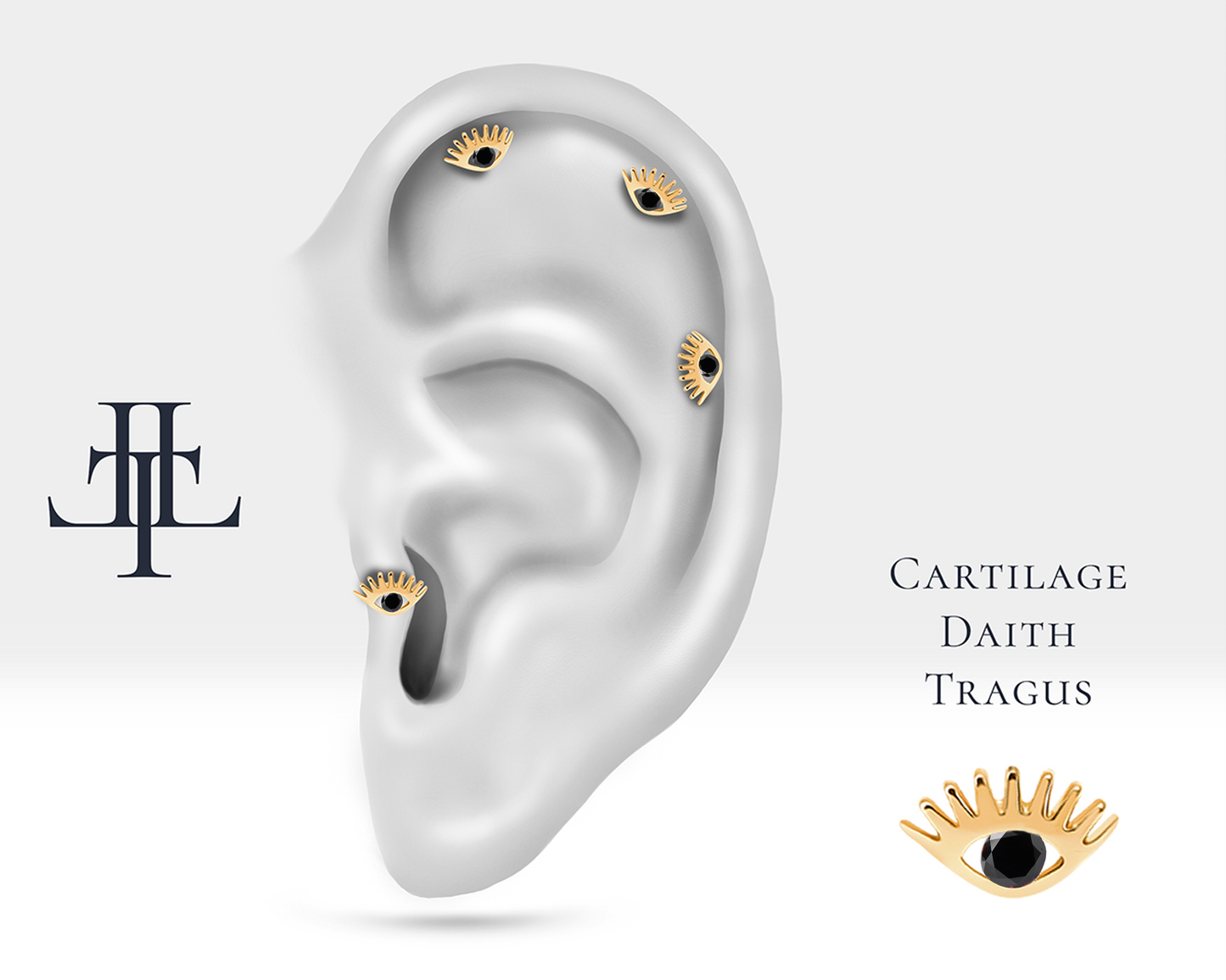 Small Eye Shaped Piercing with Black Diamond Screw Back Tragus Piercing Single Earring in 14K Solid Gold 16G(1.2 mm)