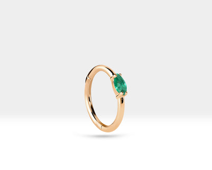 Cartilage Hoop with Marquise Cut Emerald Clicker in 14K Yellow-White-Rose Solid Gold 16G, 12 mm