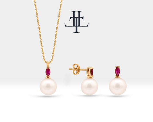 Necklace and Earrings Set in 14K Solid Gold with Pearl and Marquise Cut Ruby Necklace Earring Set for Bridal Jewelry Set