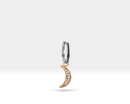 Dainty Moon Hoop Earrings,Dangle Diamond Hoop Earrings,14K Yellow Solid Gold Tiny Charm