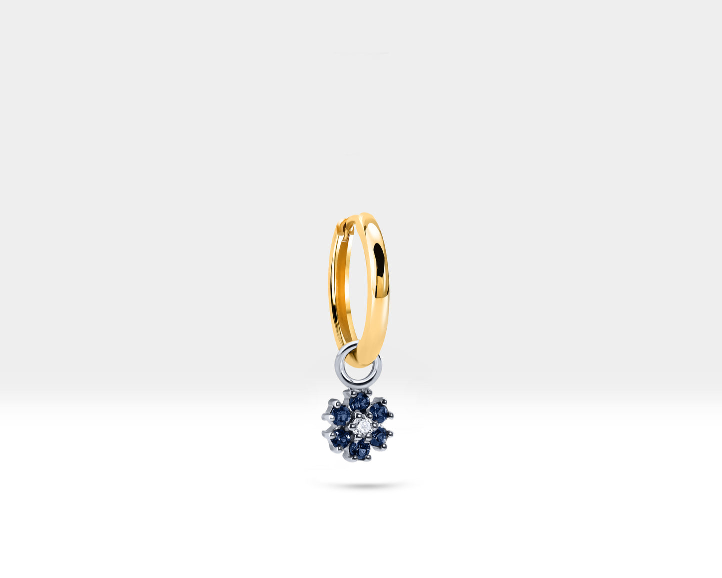Dainty Flower Hoop Earrings,Diamond&Sapphire Flower Dangle,14K Yellow Solid Gold Earring