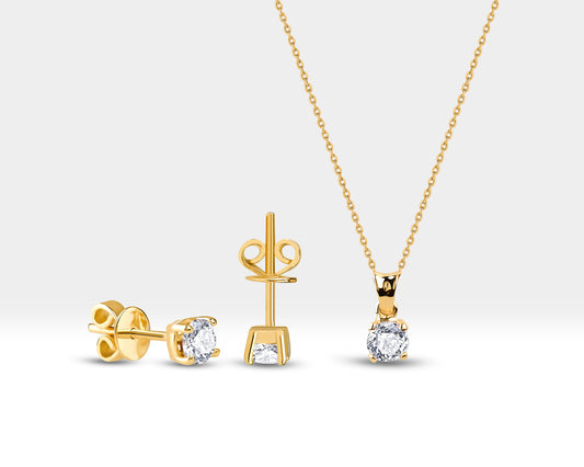 Jewelry Set of Earring and Necklace with Solitaire Diamond in 14k Solid Gold