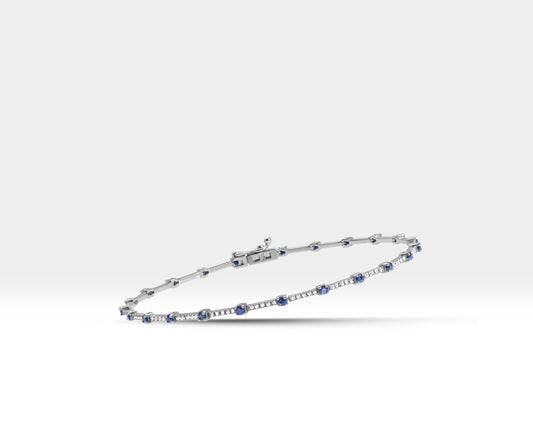 14K Solid Gold Tennis Bracelet Waterway Gold Chain Bracelet with Diamond-Sapphire Wedding Gifts