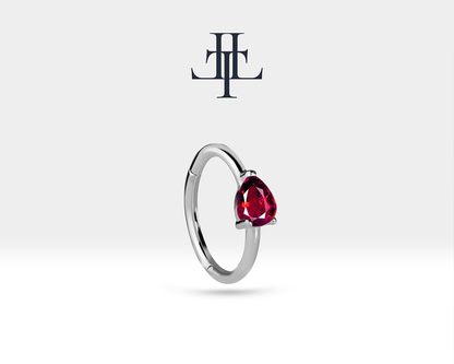 Cartilage Hoop with Pear Cut Ruby Earring in 14K Yellow White Rose Solid Gold Lobe Earring 16G(1.2mm)