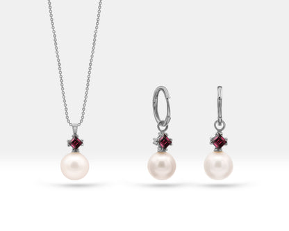 Pearl Necklace with Pendant Set of Necklace and Earring in 14K Solid Gold Pearl and Princess Ruby Set
