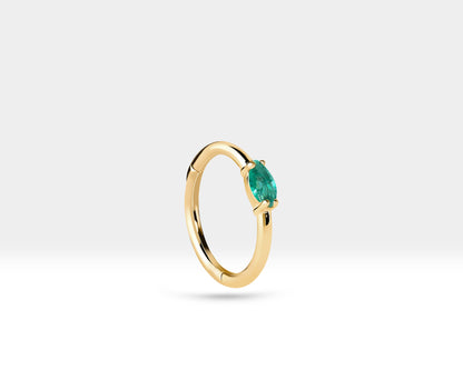 Cartilage Hoop with Marquise Cut Emerald Clicker in 14K Yellow-White-Rose Solid Gold 16G, 12 mm