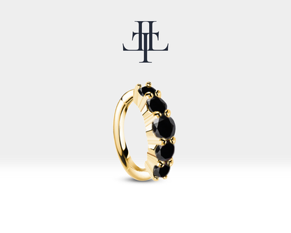 Cartilage Hoop Earring with Five Black Diamond Design Earring in 14K Yellow Solid Gold Earring