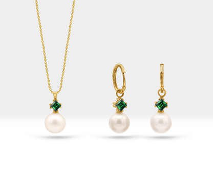 Pearl Set of Necklace and Earrings in 14K Yellow Solid Gold Pearl and Princess cut Emerald Set for Wedding Jewelry Set