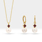 Pearl Necklace with Pendant Set of Necklace and Earring in 14K Solid Gold Pearl and Princess Ruby Set