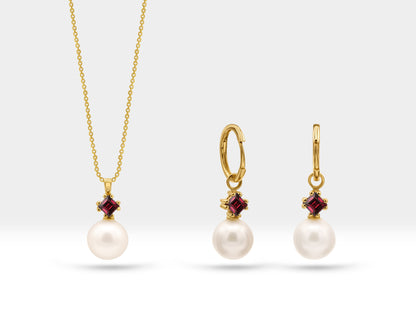 Pearl Necklace with Pendant Set of Necklace and Earring in 14K Solid Gold Pearl and Princess Ruby Set