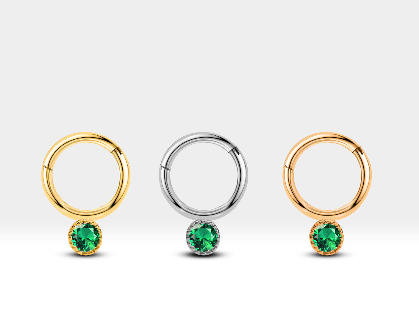 Helix Hoop Clicker Piercing with Green Garnet in 14K Solid Gold Daith Hoop Valentine Gifts | 10 MM Outer