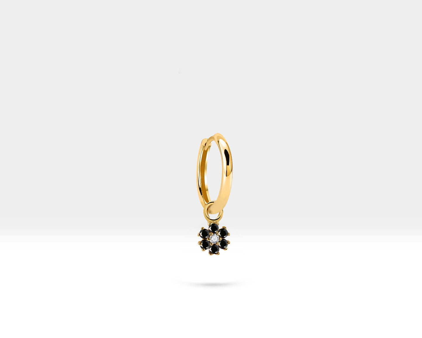 Hoop Earrings,Diamond&Black Diamond Flower Dangle,14K Yellow Solid Gold Earring