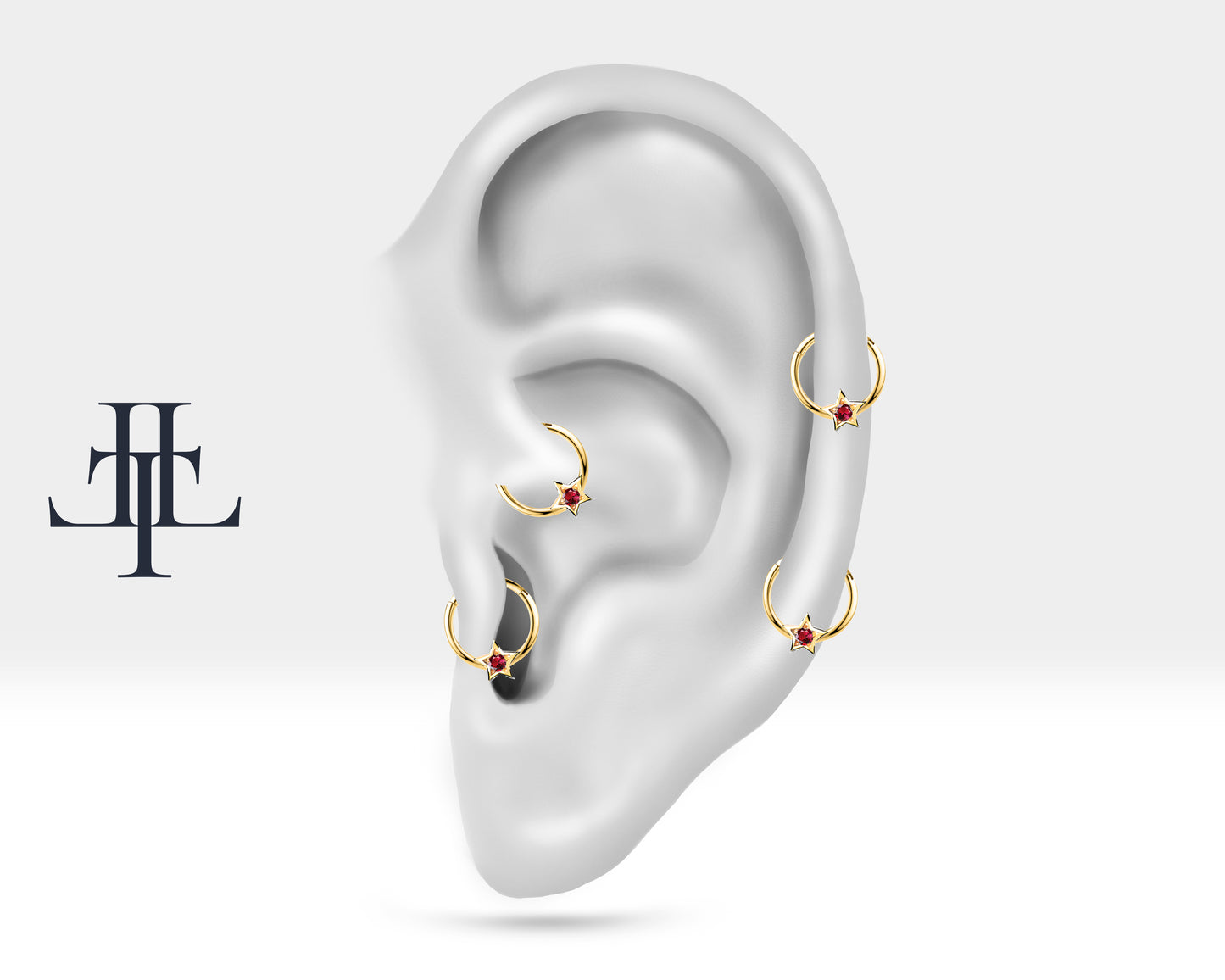 Cartilage Hoop Round Cut Ruby Star Clicker,Single Earring,14K Gold,16G