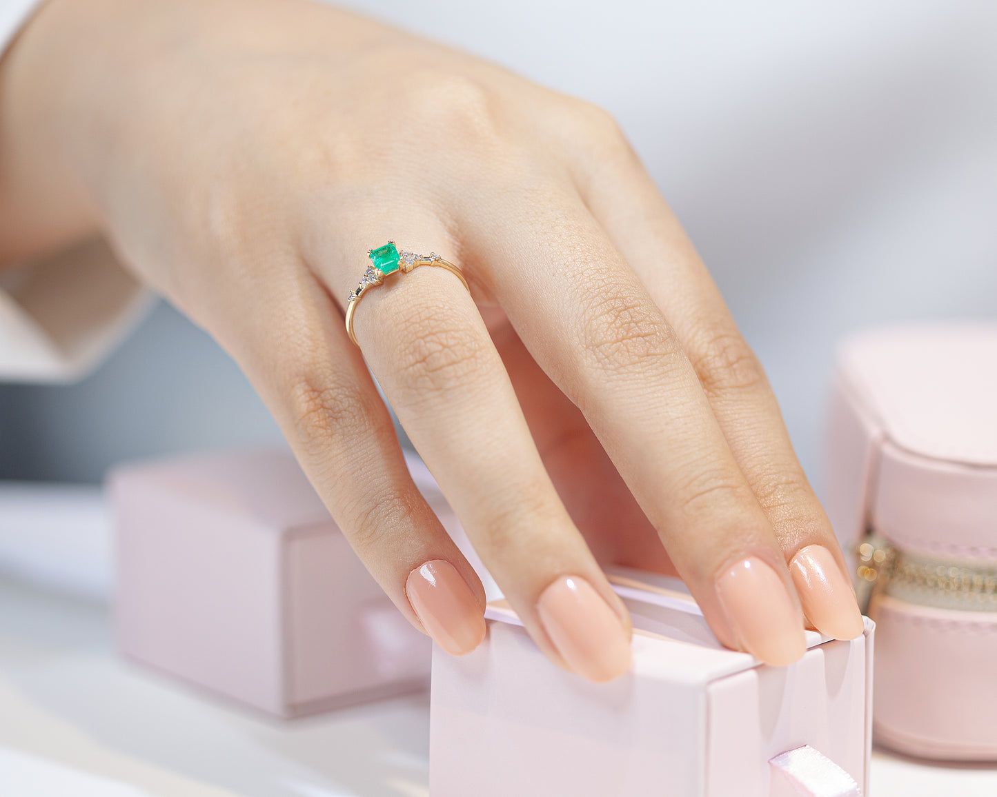Dainty Ring , Emerald cut Emerald with 8 Diamonds, 14K Gold