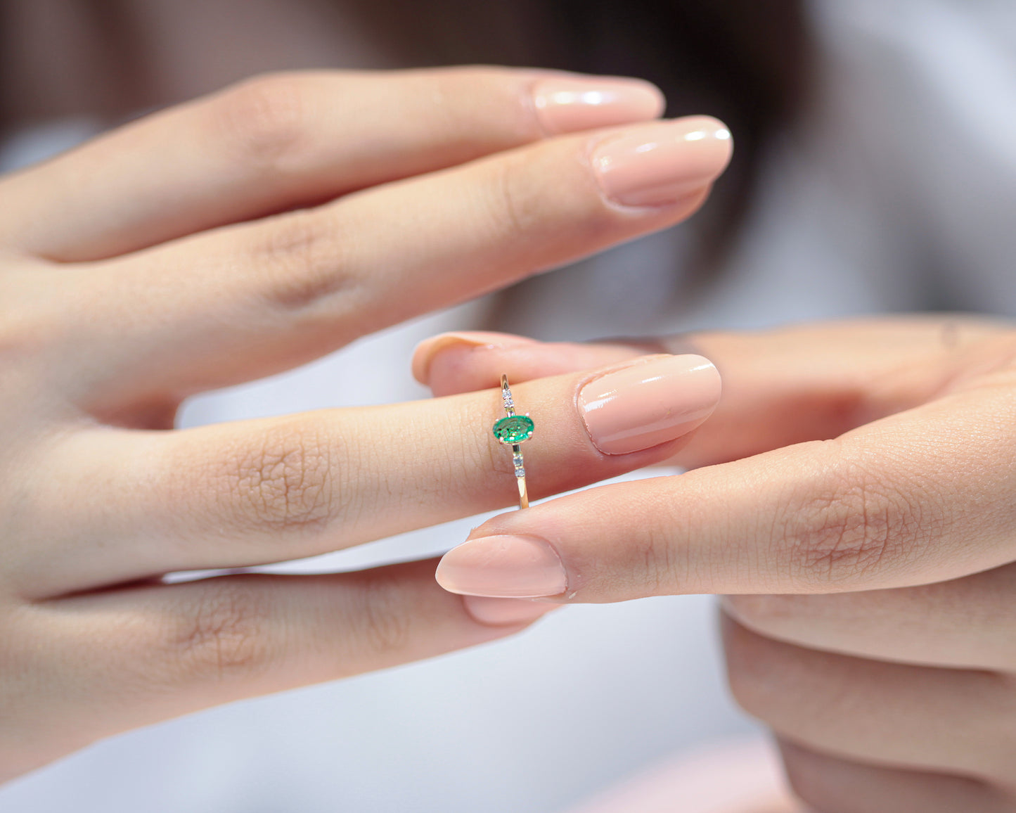 Dainty Ring, Oval cut Emerald with 4 Diamonds, 14K Gold