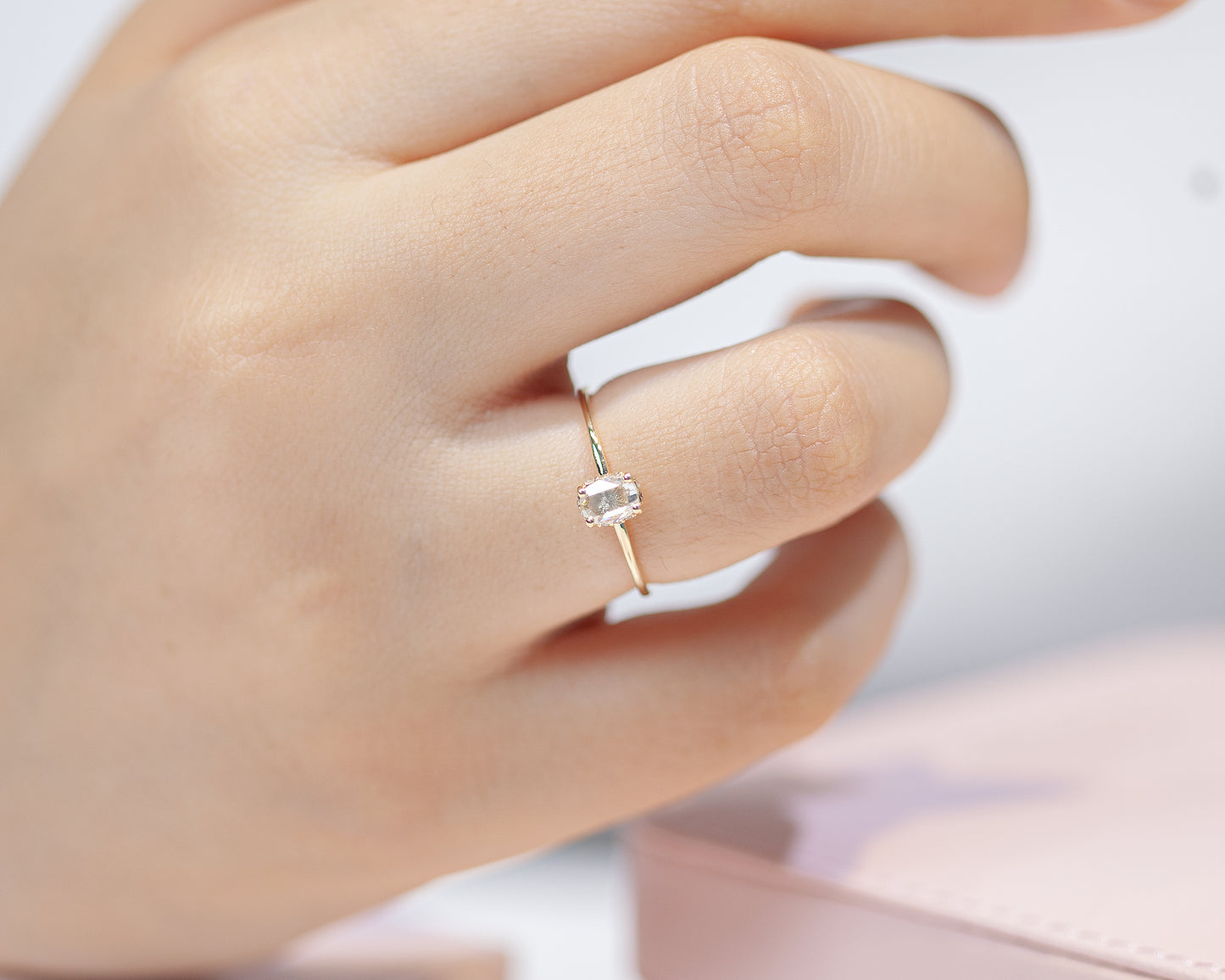 Dainty Ring, Diamond Oval cut with Frame Diamonds, 14K Gold