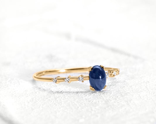 Dainty Ring, Oval Cabochon Smooth Polished Sapphire with Sprinkled Diamonds, 14K Gold