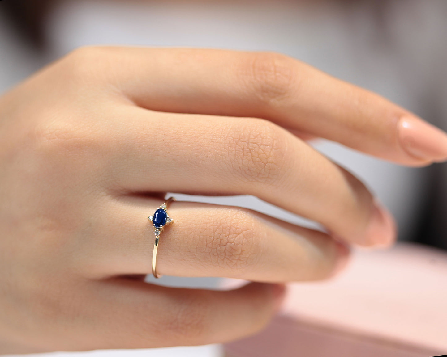 Dainty Ring, Oval Flower Ring, Oval cut Sapphire with 4 Diamonds, 14K Gold