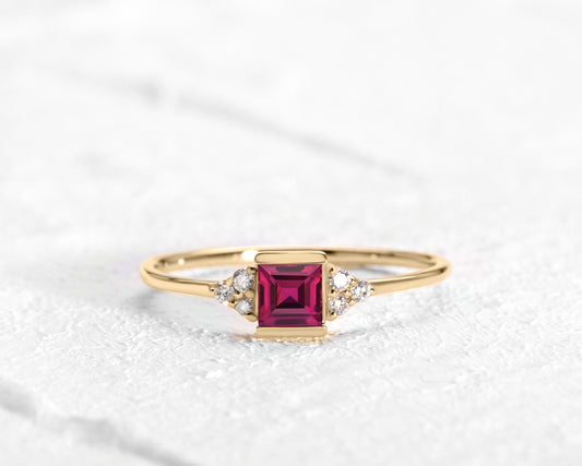 Dainty Ring , Princess Ruby with Diamond, 14K Gold