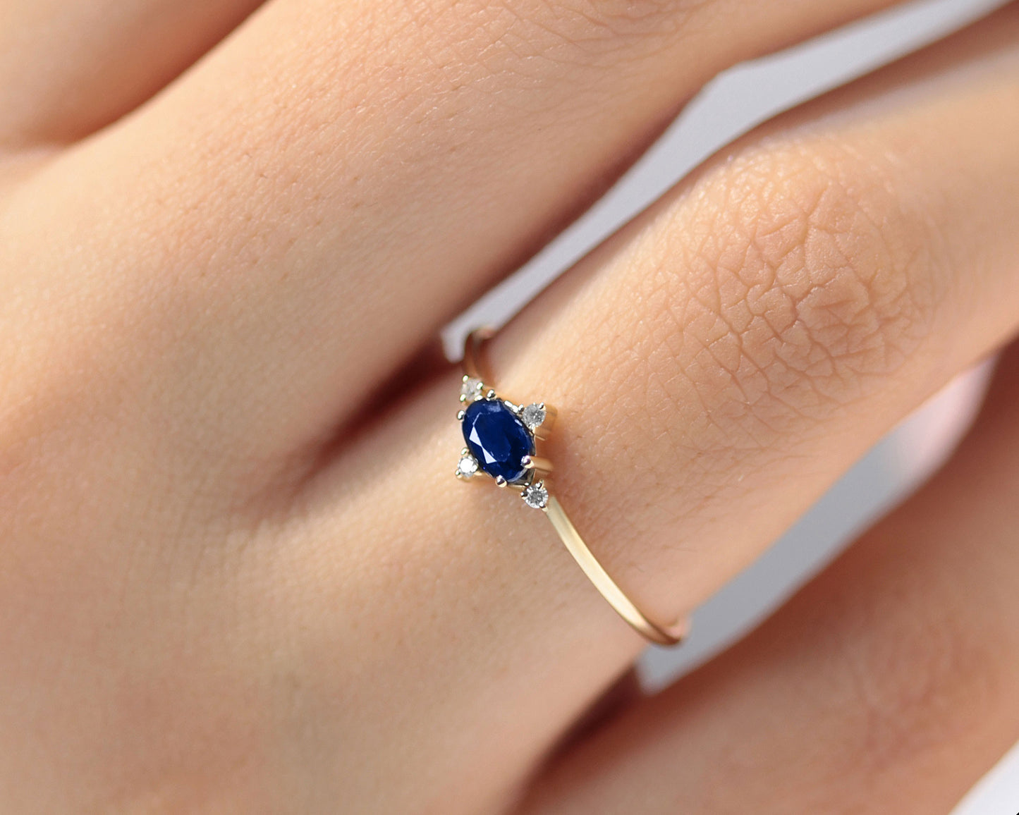 Dainty Ring, Oval Flower Ring, Oval cut Sapphire with 4 Diamonds, 14K Gold