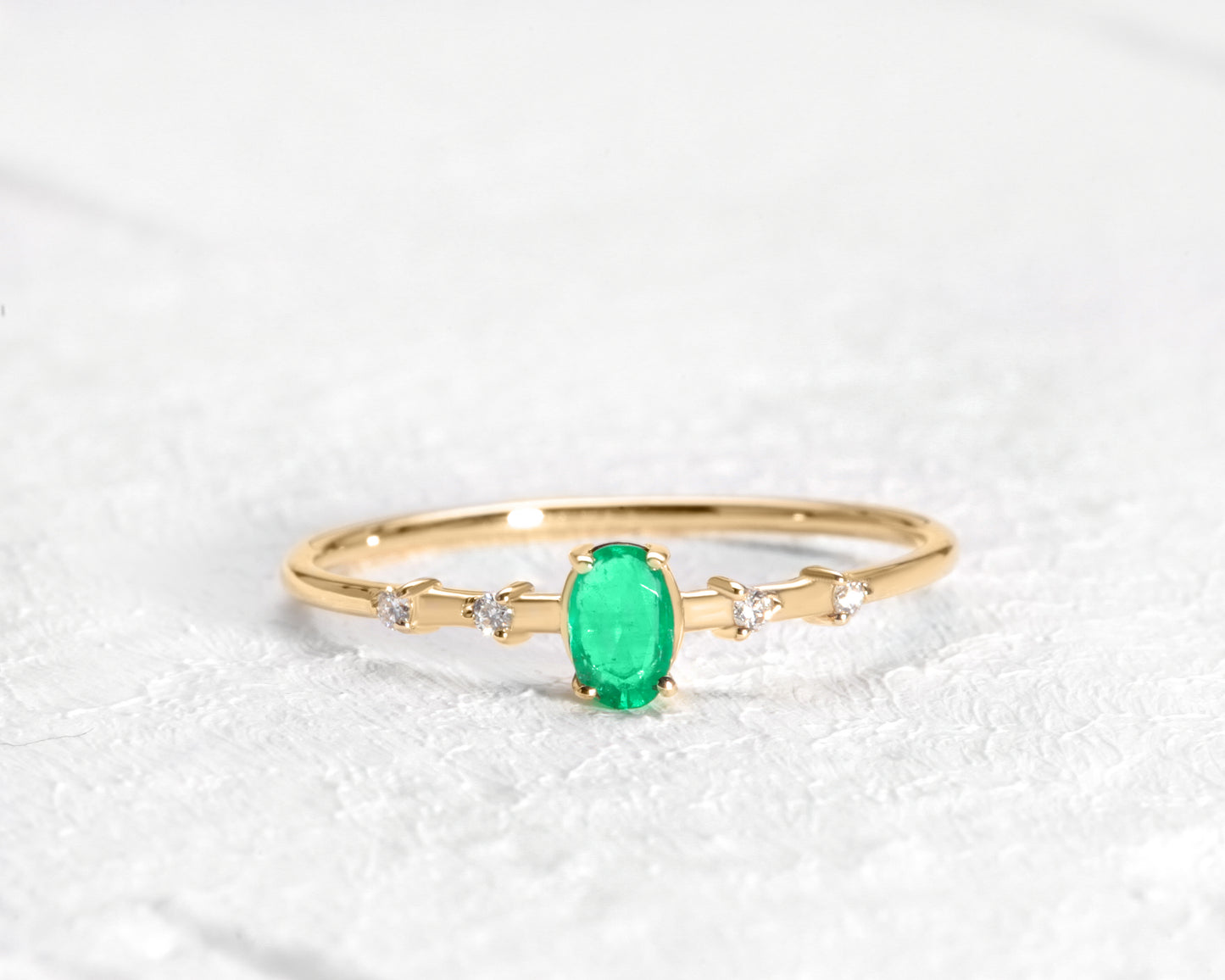 Dainty Ring, Oval cut Emerald with Sprinkled Diamonds, 14K Gold