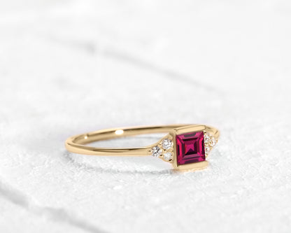 Dainty Ring , Princess Ruby with Diamond, 14K Gold