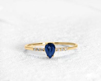 Dainty Ring, Sapphire Pear cut with Sprinkled Diamonds, 14K Gold