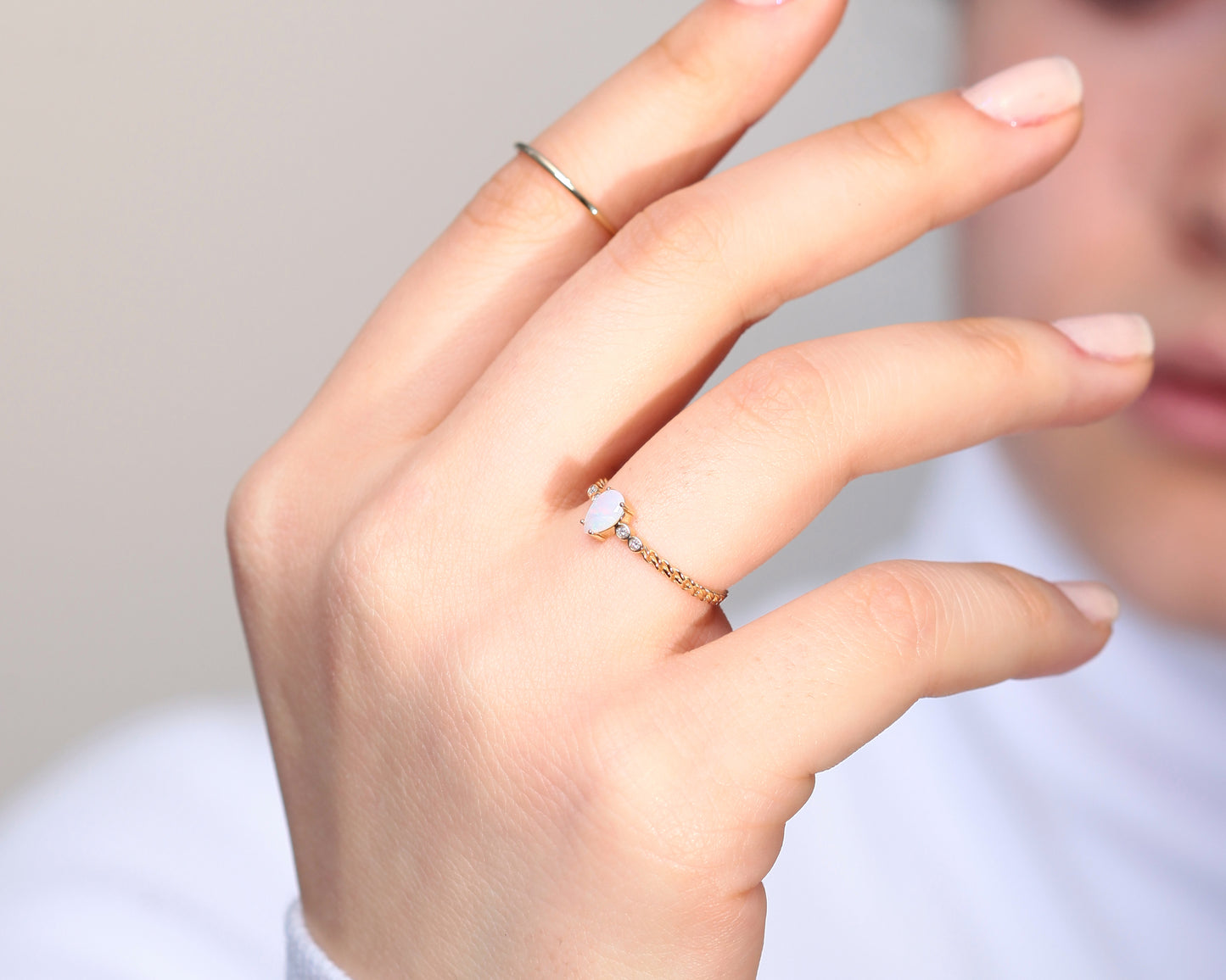 Drop Opal Rope Design and Diamond Gold 14K Handmade Ring Minimal Ring