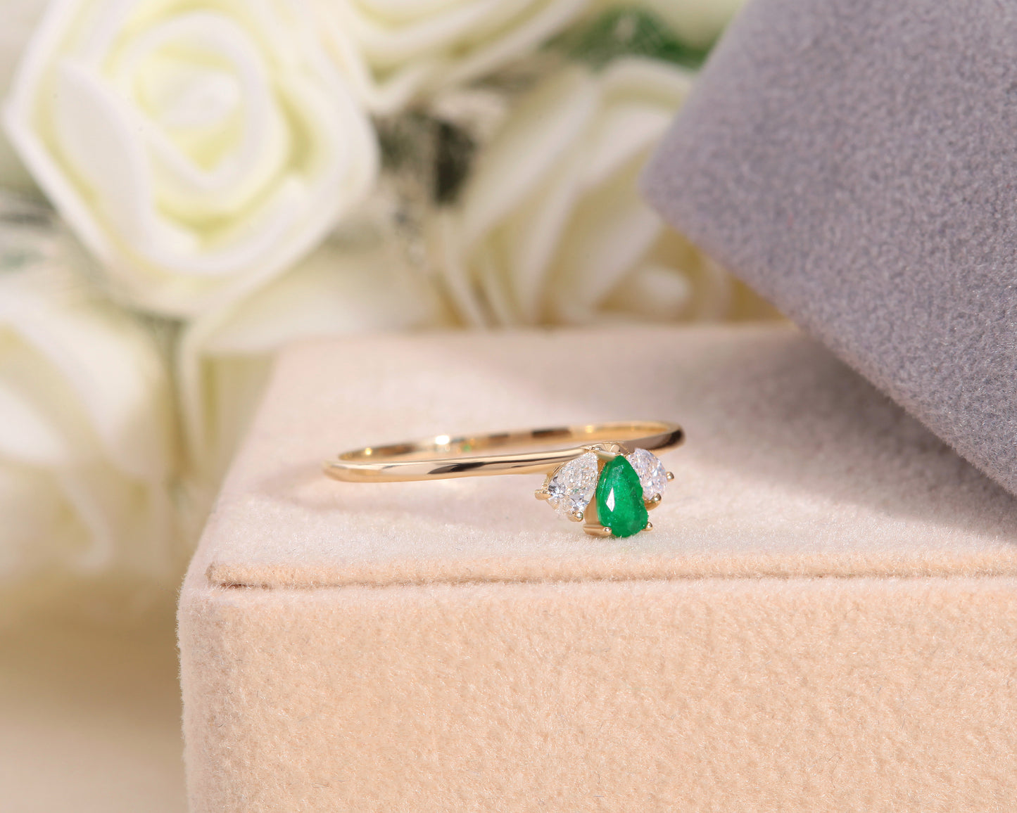 Ring with Three Stone Pear Cut Emerald and Diamond 14K Yellow Solid Gold
