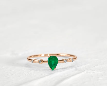 Dainty Drop Ring Emerald Drop cut with Sprinkled Diamonds 14K Gold