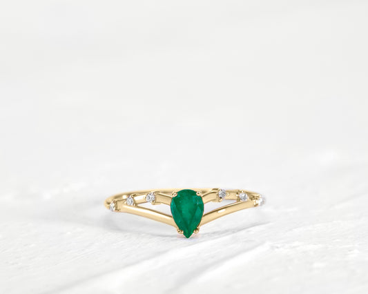 Crown Emerald Drop cut with Sprinkled Diamonds 14K Gold Ring
