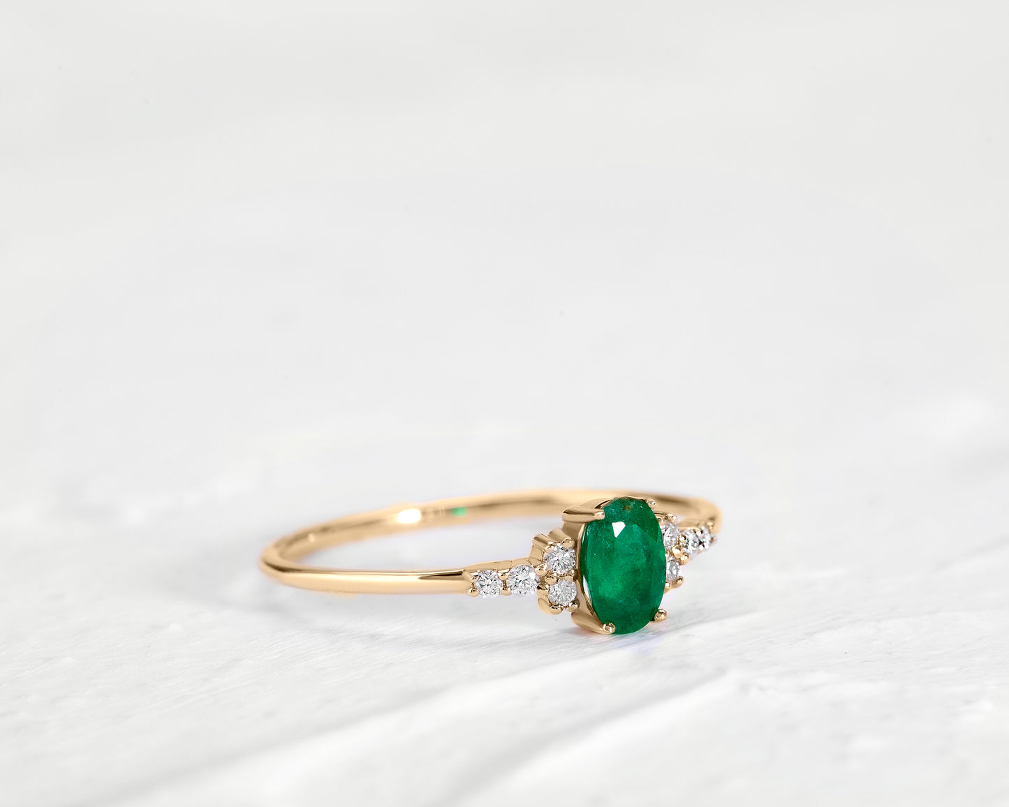 Emerald Oval Cut with Sprinkled Diamonds 14K Solid Yellow Gold Ring