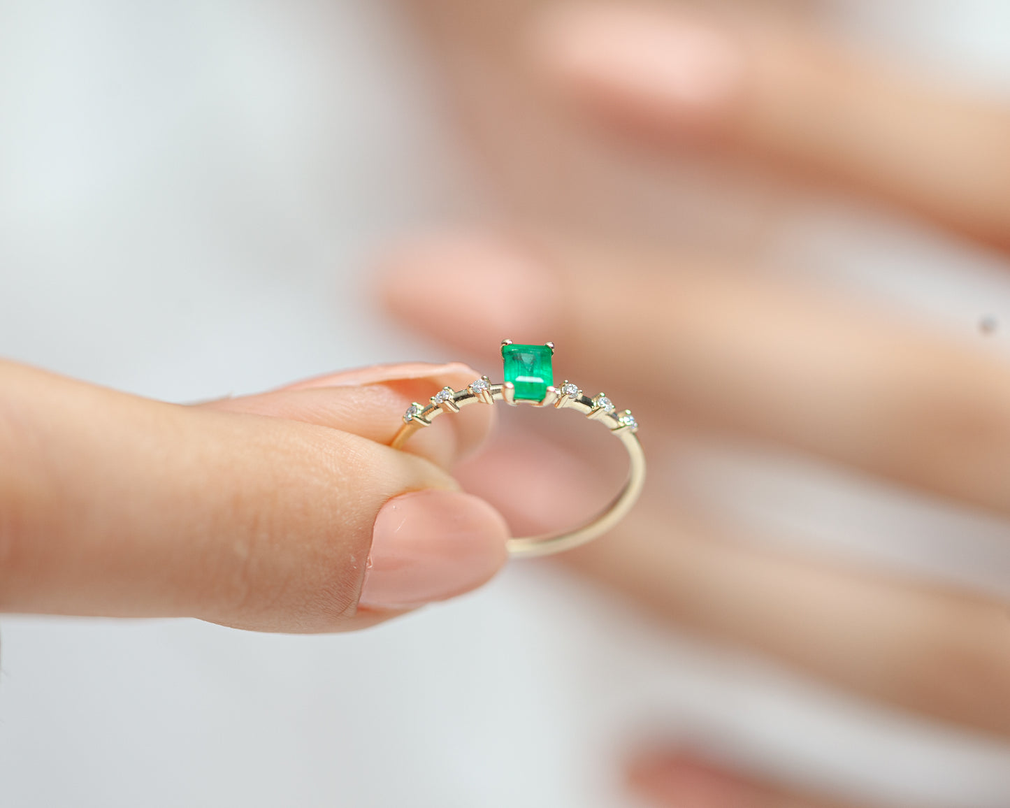 Dainty Ring Emerald Baguette cut with Sprinkled Diamonds 14K Gold