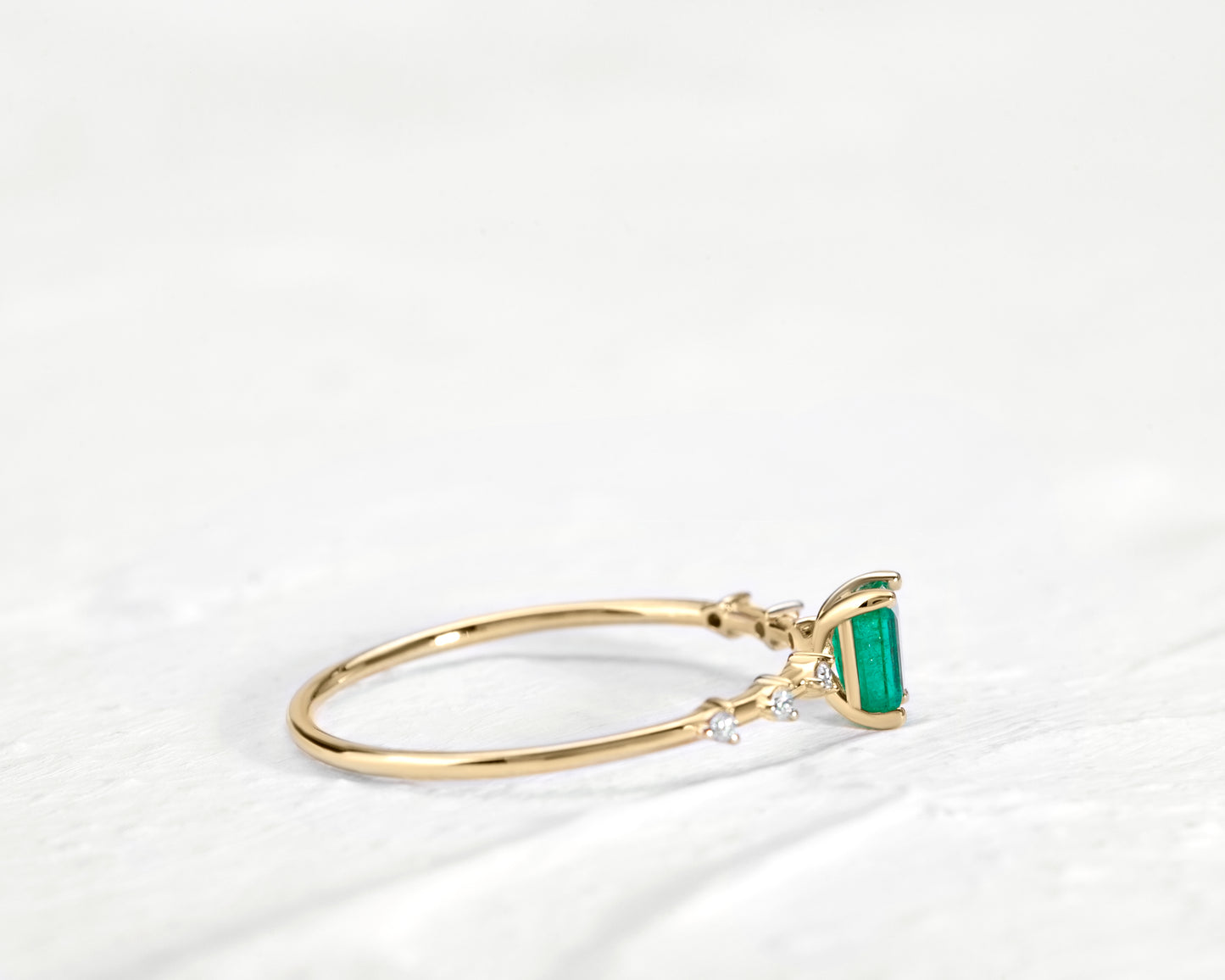 Dainty Ring Emerald Baguette cut with Sprinkled Diamonds 14K Gold