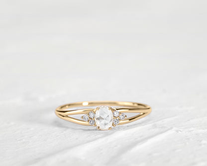 Dainty Ring, Diamond Oval Rose cut with Clover Flower Diamonds, 14K Gold