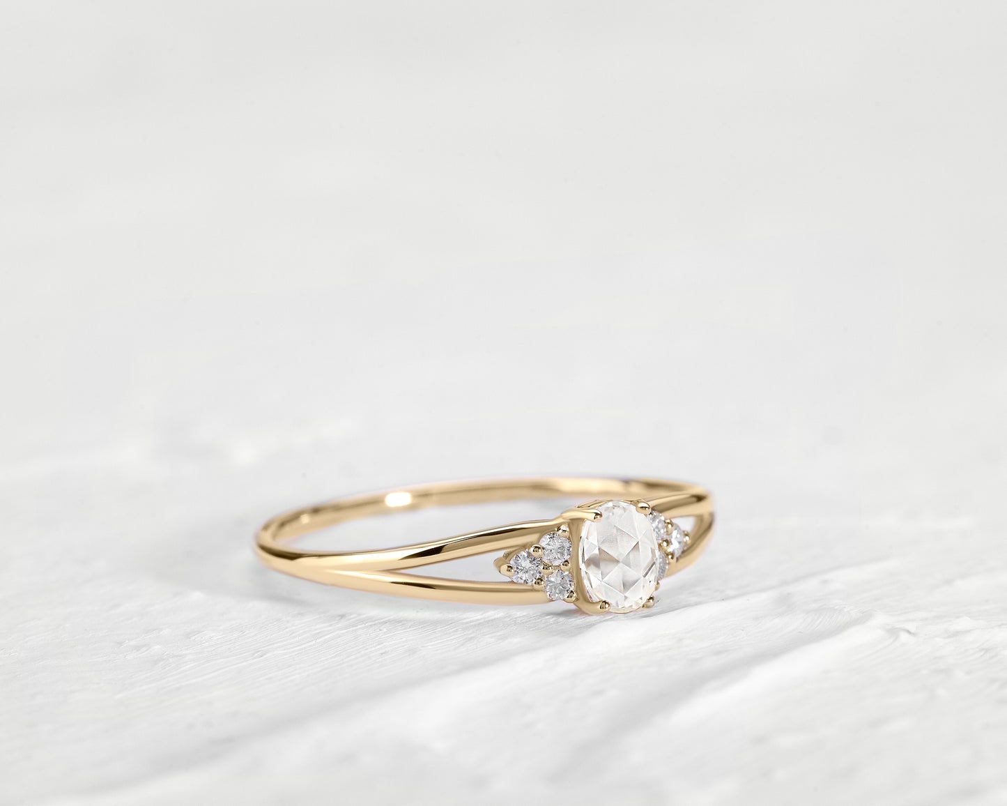 Dainty Ring, Diamond Oval Rose cut with Clover Flower Diamonds, 14K Gold