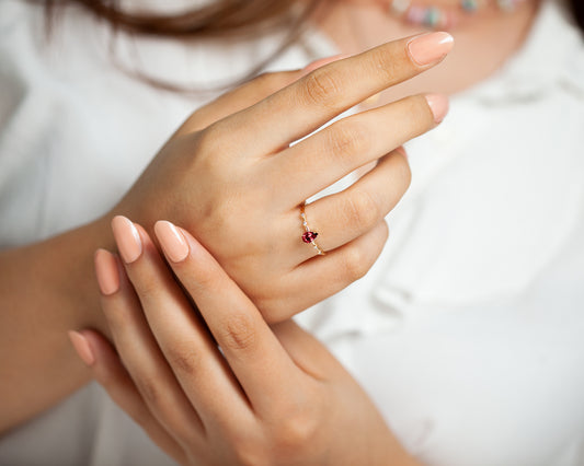 Dainty Ring Drop Ring Ruby Drop cut with Sprinkled Diamonds 14K Gold